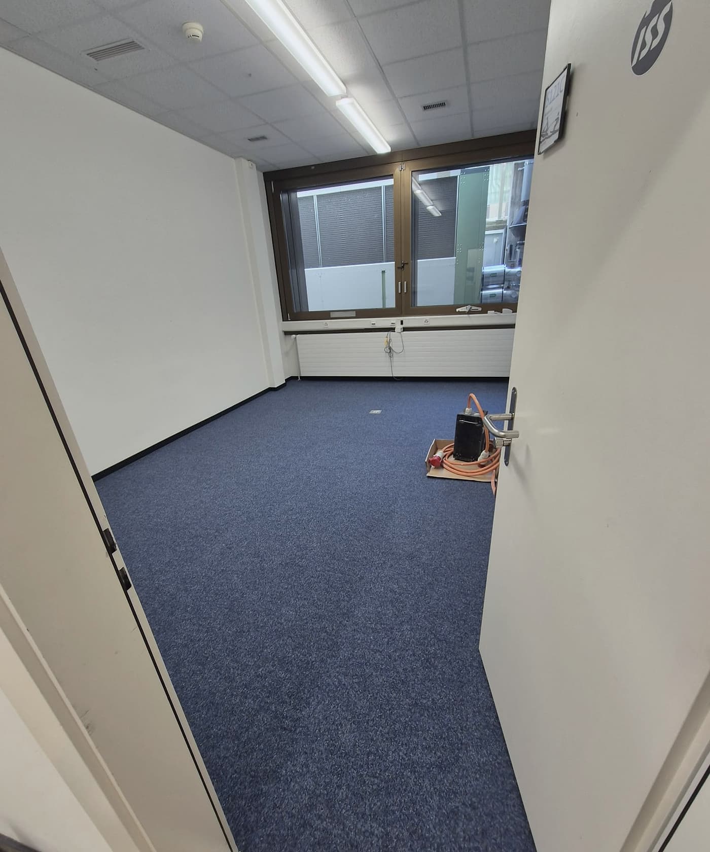 Bureau en dalles de moquette bleues, vu depuis la porte